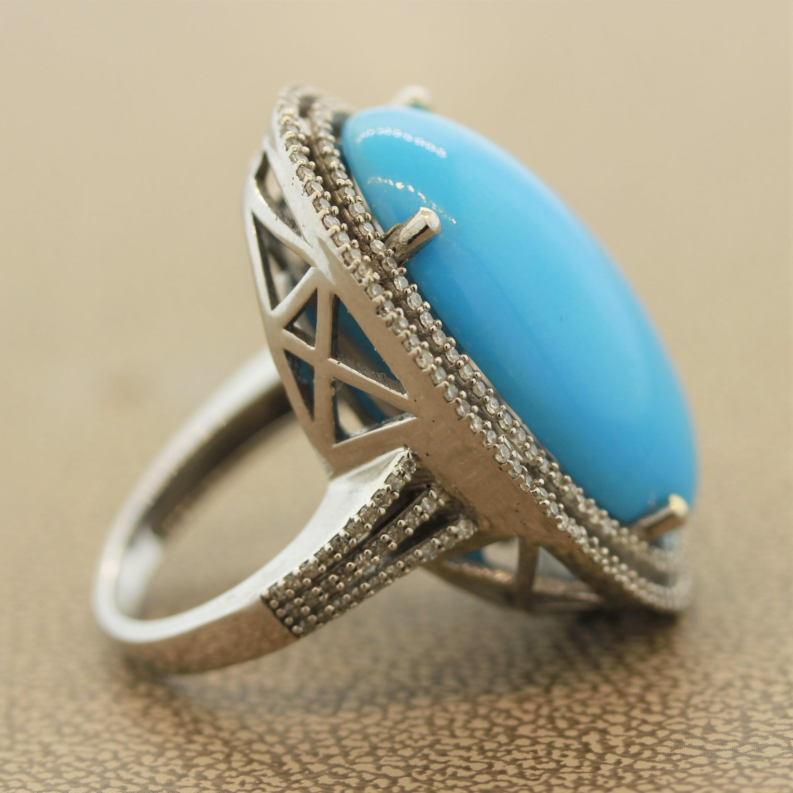 Cabochon Large Persian Turquoise Diamond Gold Cocktail Ring