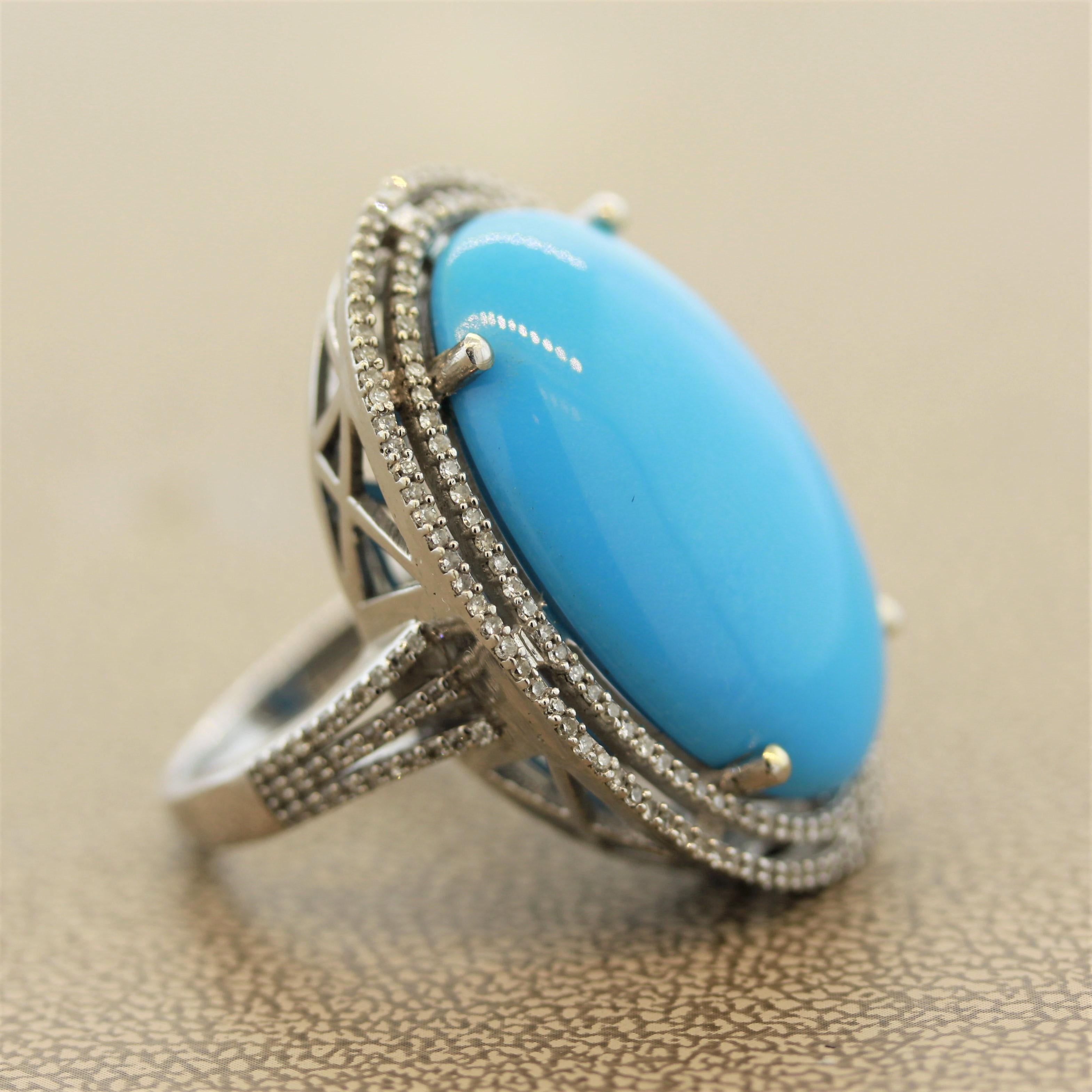 Large Persian Turquoise Diamond Gold Cocktail Ring In New Condition In Beverly Hills, CA