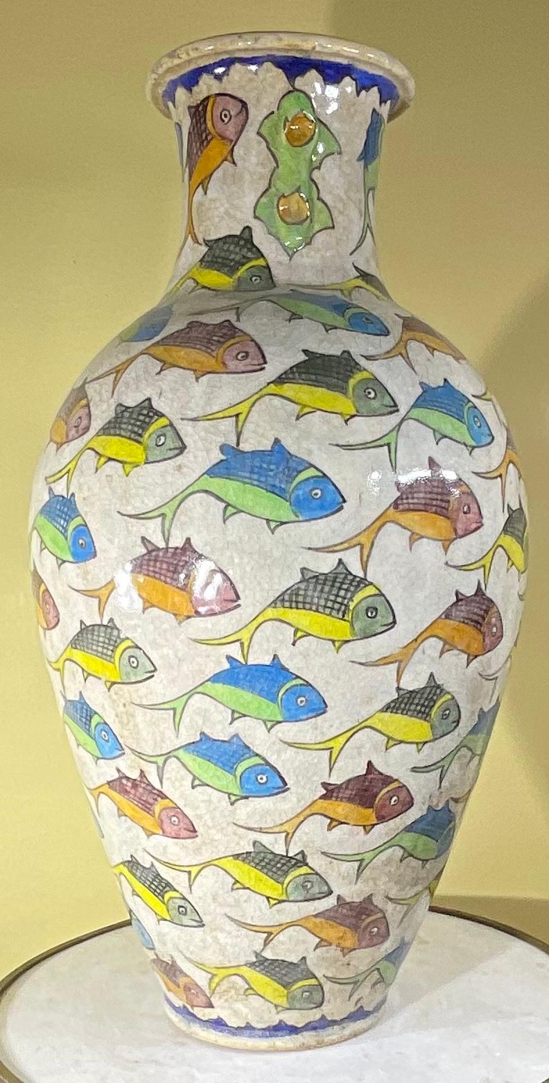 Hand-Painted Large Persian Vintage Hand Painted Ceramic Fish Vase For Sale