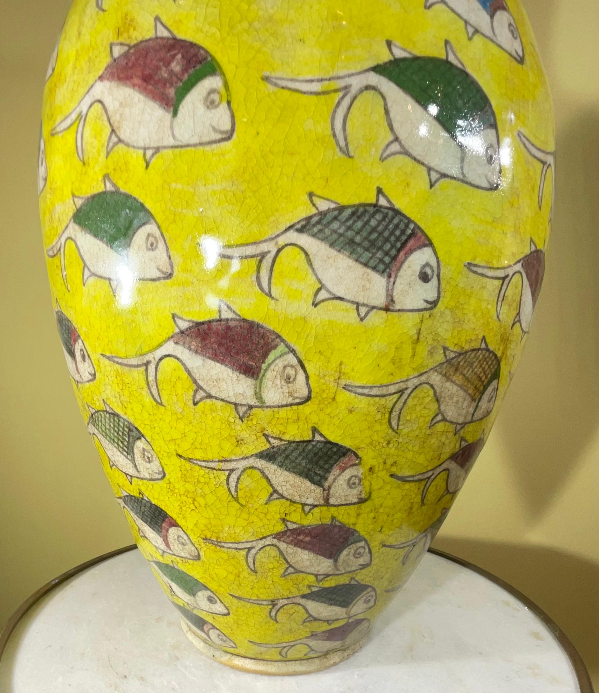Large Persian Vintage Hand Painted Ceramic Fish Vase In Good Condition For Sale In Delray Beach, FL