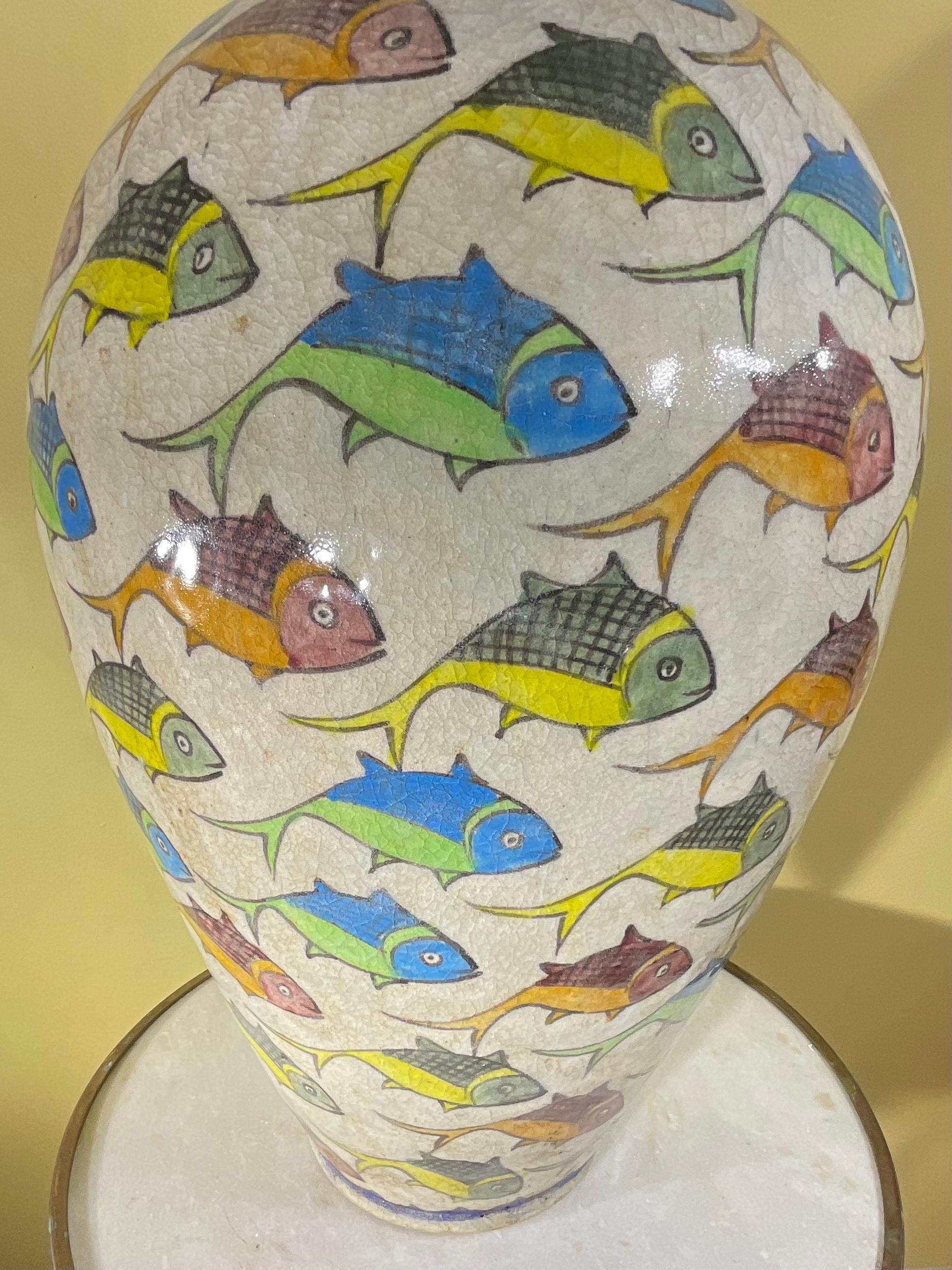 Large Persian Vintage Hand Painted Ceramic Fish Vase In Good Condition For Sale In Delray Beach, FL