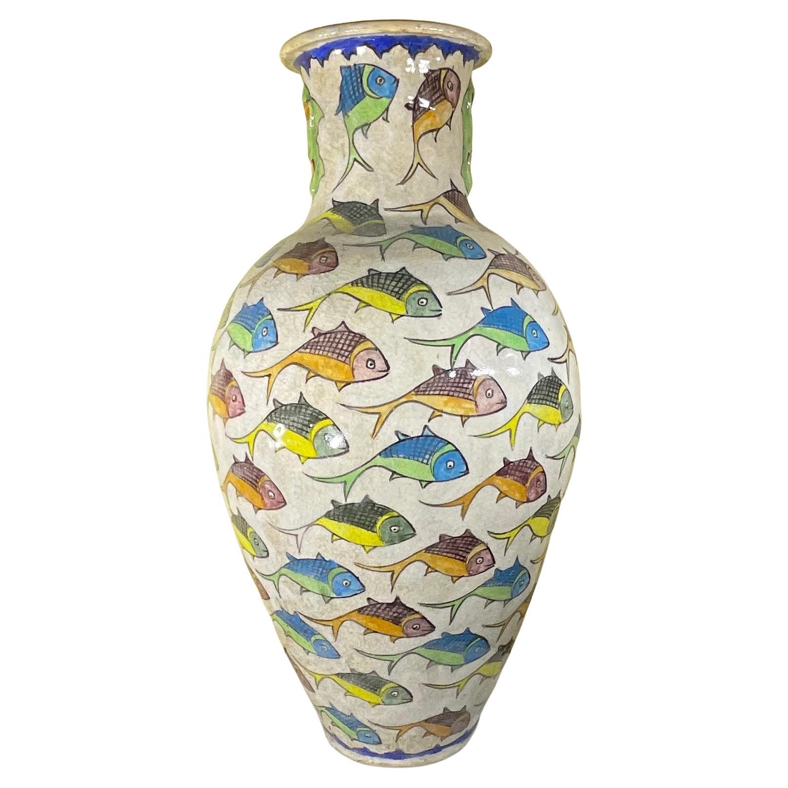 Large Persian Vintage Hand Painted Ceramic Fish Vase For Sale