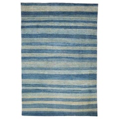 Large Blue Striped Contemporary Gabbeh Persian Wool Rug