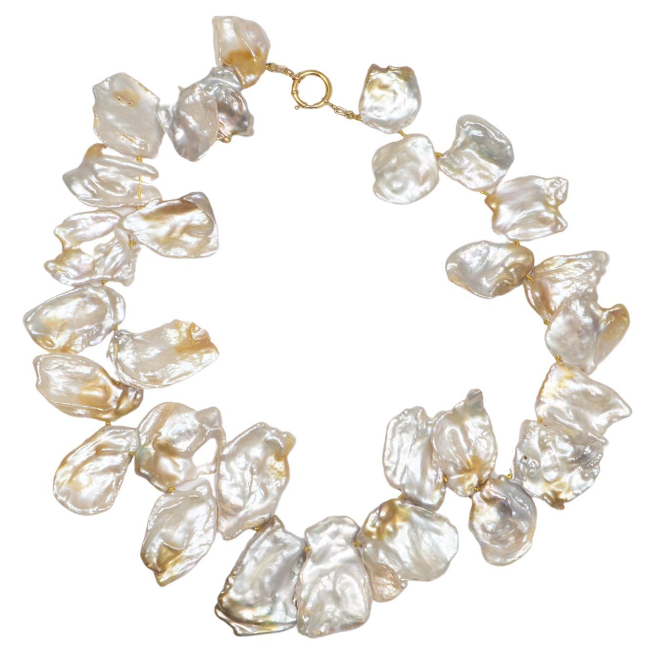 Large Petal Pearl with Natural Gold Accent Bib Necklace 14K Gold Sailor Clasp For Sale