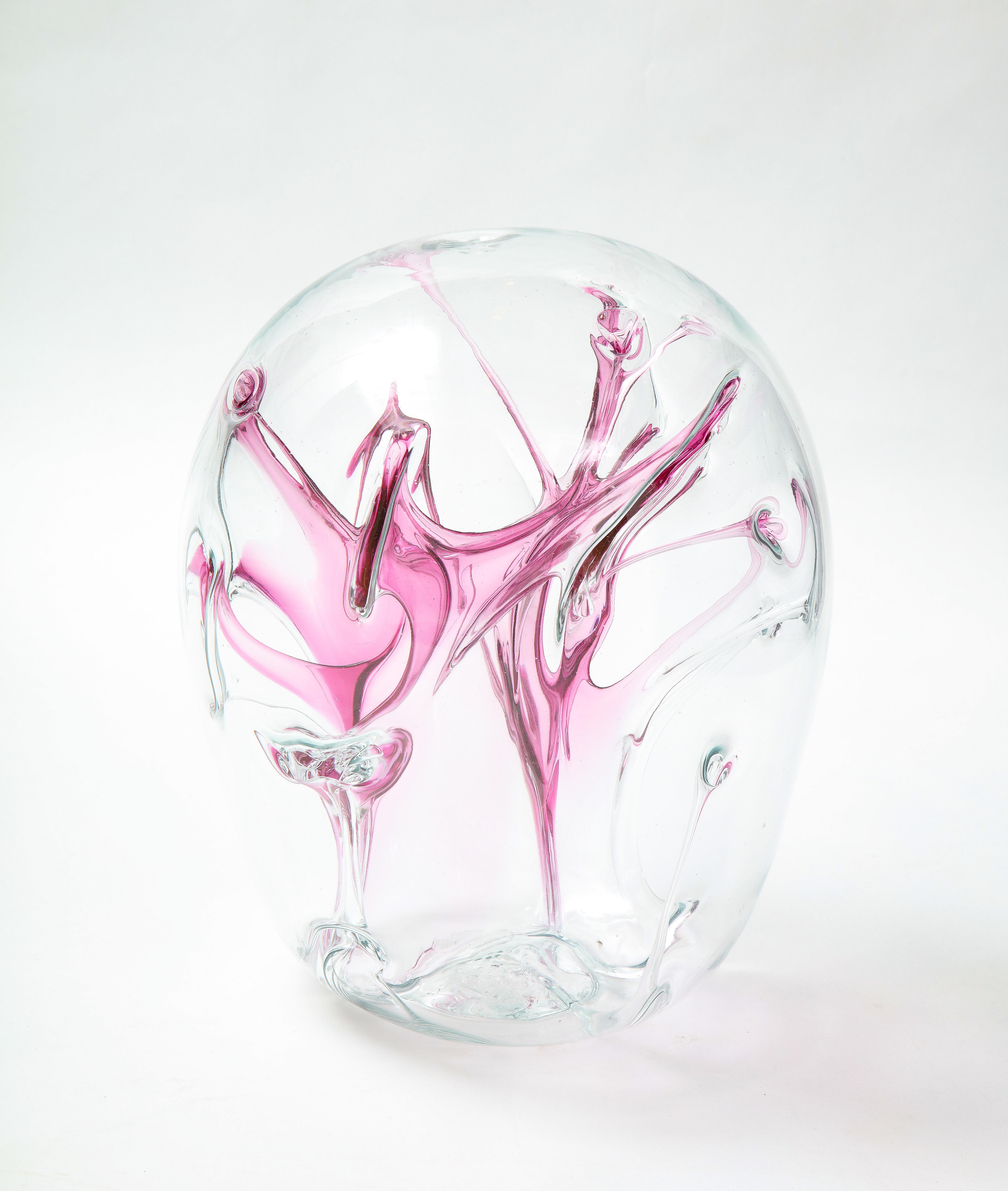 Peter Bramhall glass sculpture with internal glass threads in various shades of pink.
Signed and dated on the bottom.