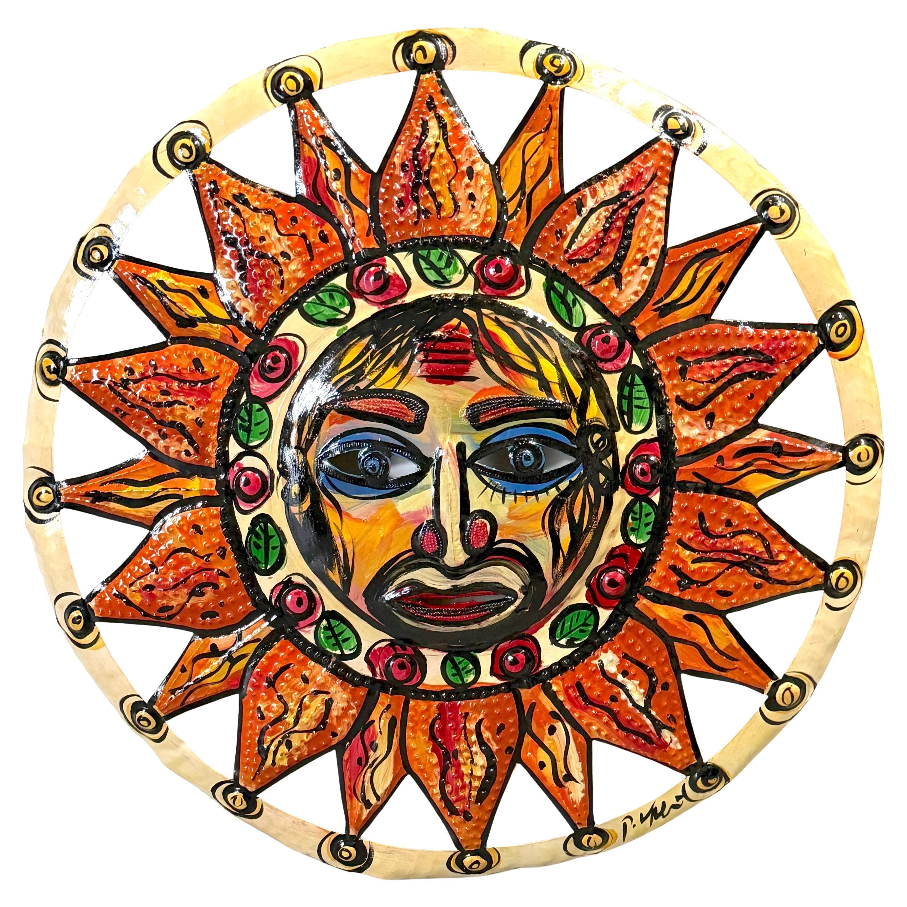 Large Peter Keil Sunburst Wall Sculpture in Painted Metal, Signed, 36" Diameter en venta