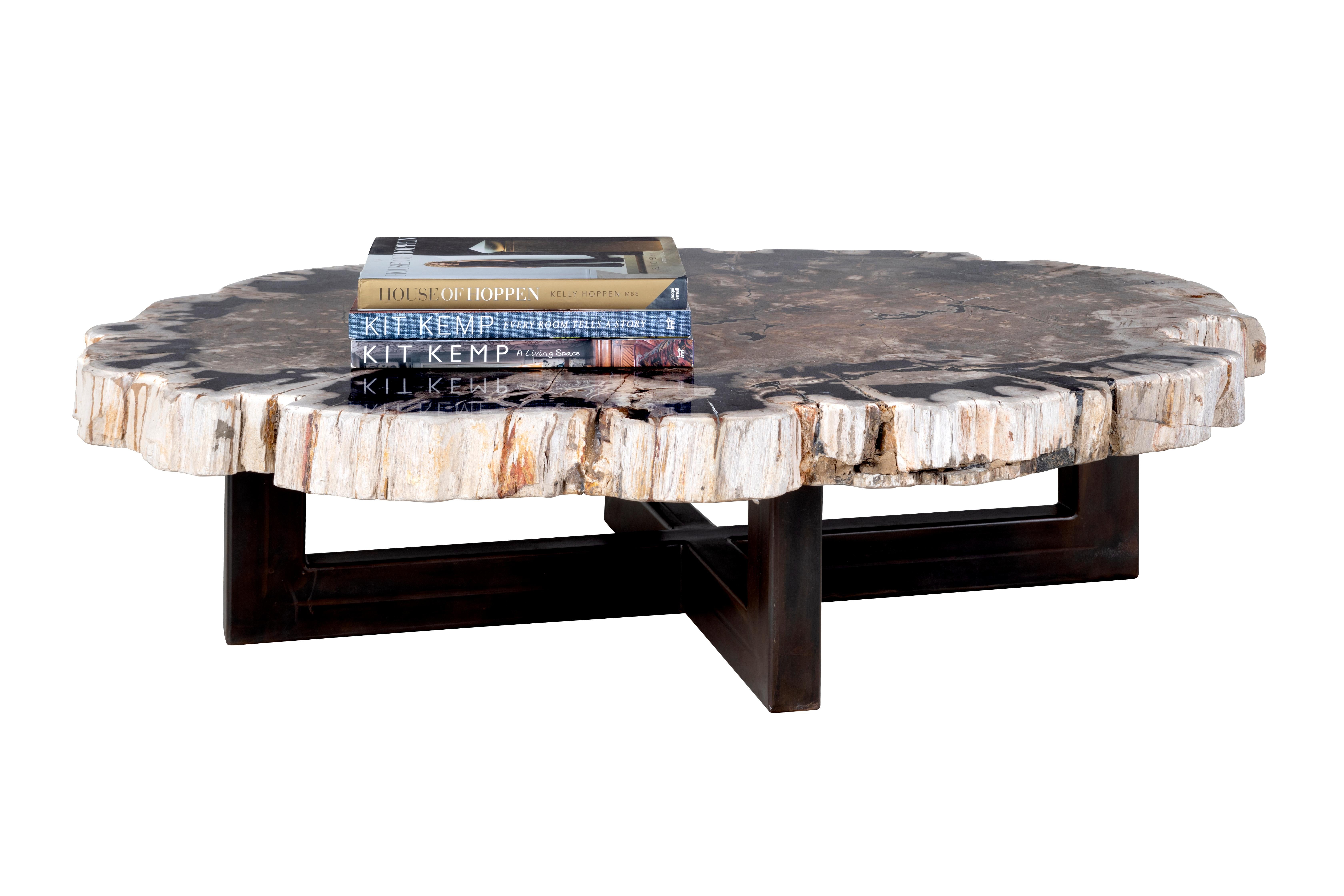 One-of-a-Kind petrified wood coffee table with black accents. Set a top a custom made ebonized steel base.

This piece is designed by Brendan Bass and brought to life by extremely talented local Dallas artisans.