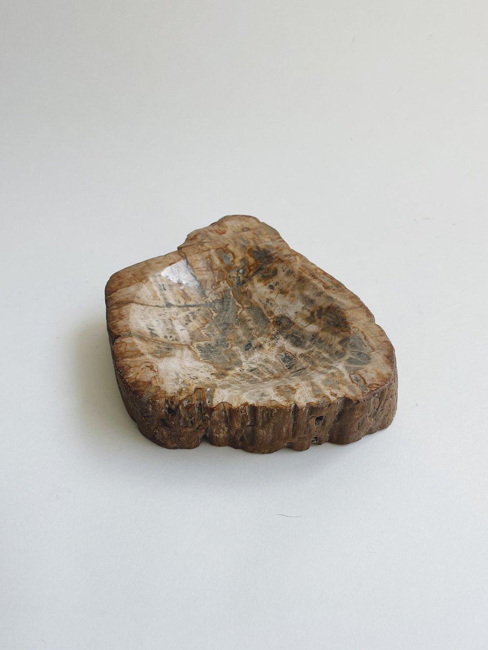 Very smooth petrified wood slab with a shallow basin for use as a catchall or ashtray.

Measures 9” long by 7” wide and 2” tall.

Great condition, very heavy.