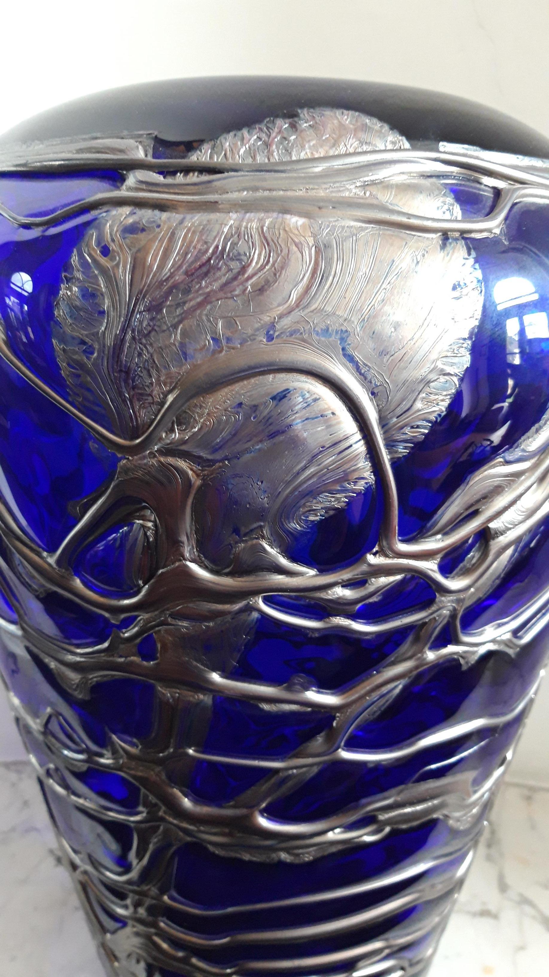 Art Deco Large Pewter Mounted Crystal Blue Vase For Sale