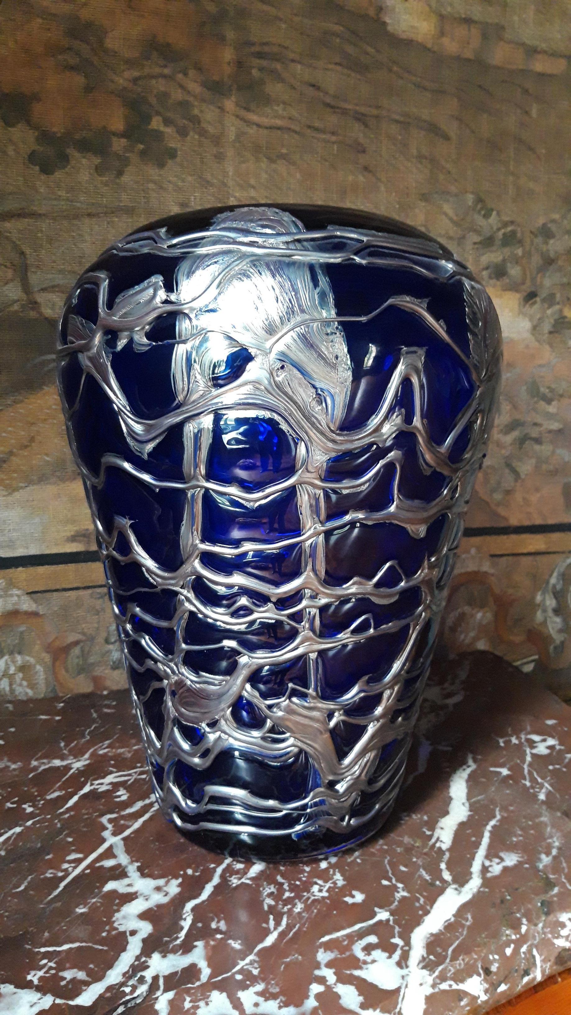 20th Century Large Pewter Mounted Crystal Blue Vase For Sale