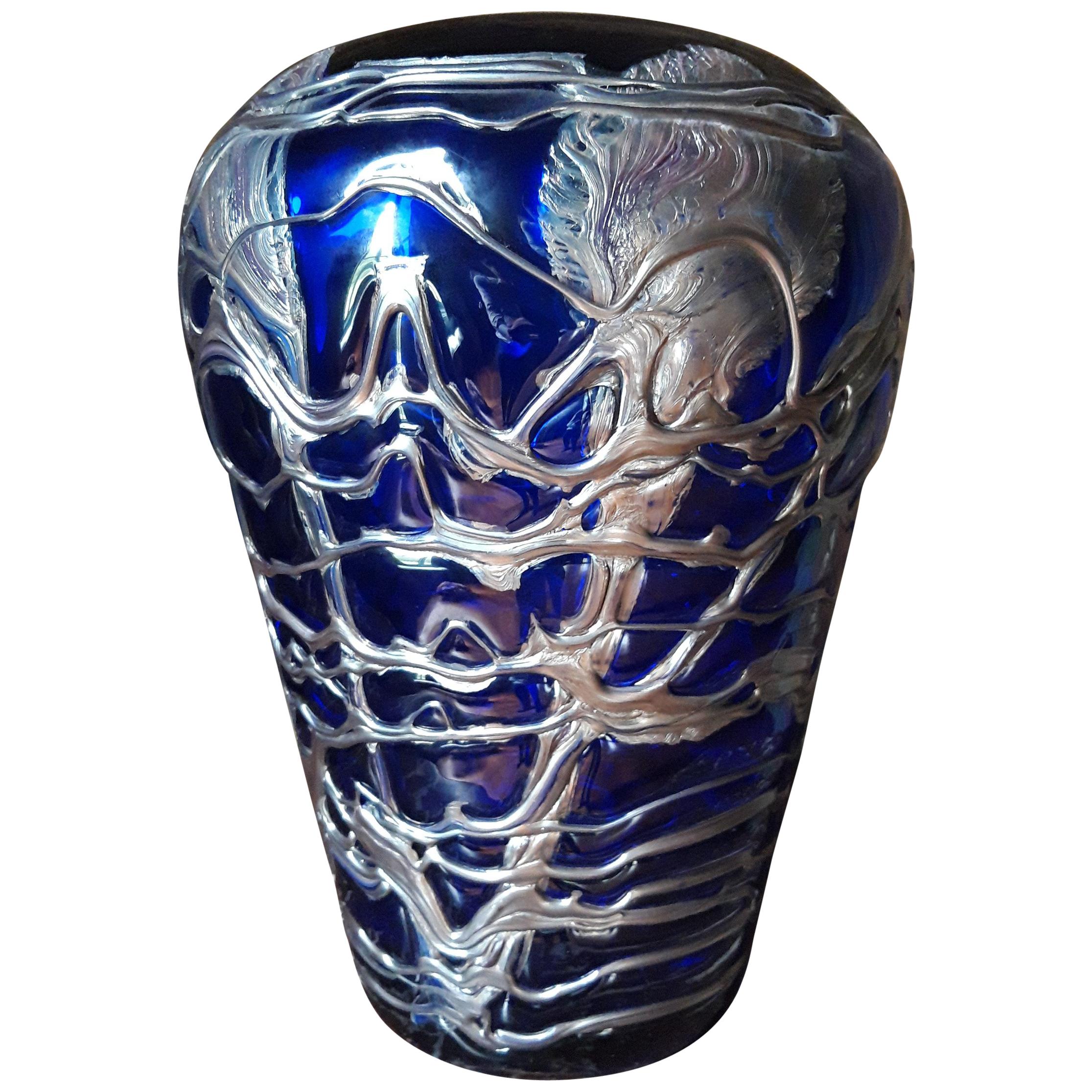 Large Pewter Mounted Crystal Blue Vase For Sale