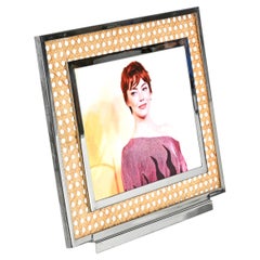 Large Photo Frame in Chrome, Lucite and Vienna Straw, Willy Rizzo, Italy 1970s