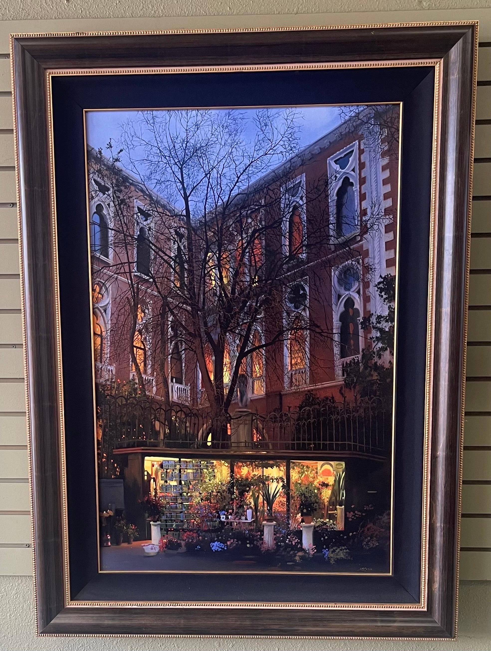 American Large Photo-Realistic European Courtyard Original Painting by Vladimir Sorin For Sale