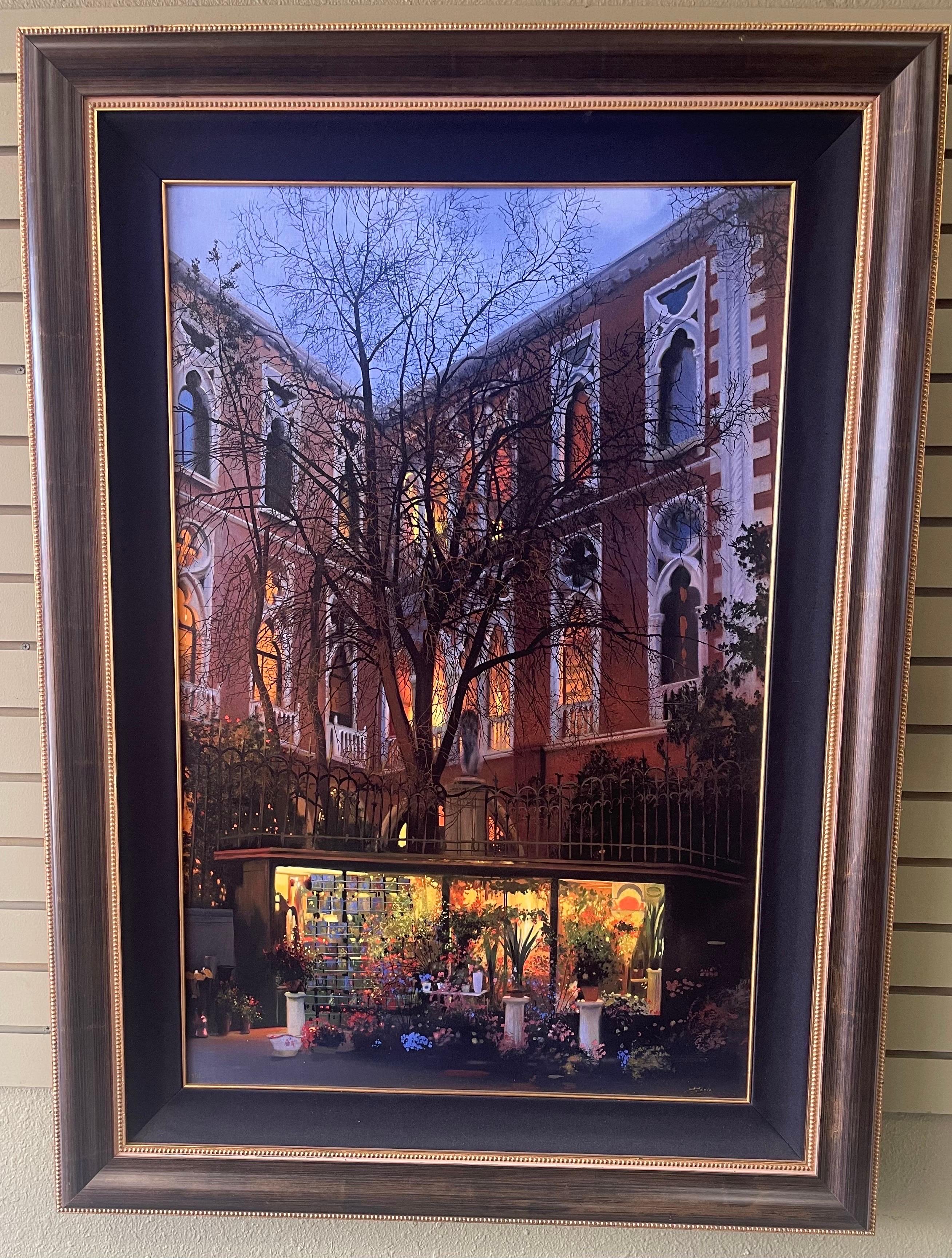 Large Photo-Realistic European Courtyard Original Painting by Vladimir Sorin In Good Condition For Sale In San Diego, CA