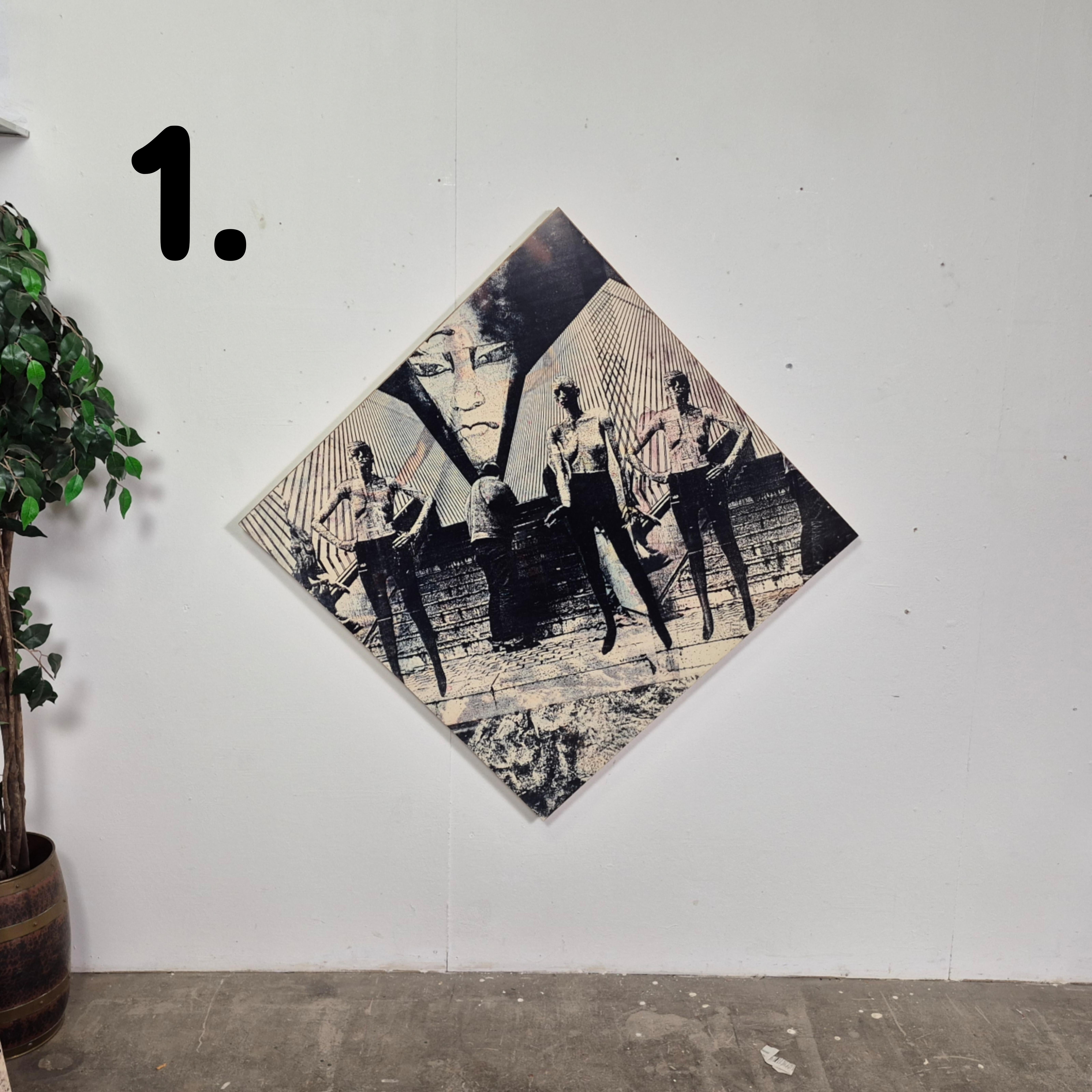 Large photo panel made by Fons Verhoeve in the 1990s. The photos are printed on a sheet of vinyl or pvc and mounted on a wooden frame. 
Intentionally meant as an art installation mounted on the ceiling. 
We have 10 different panels available. 
The