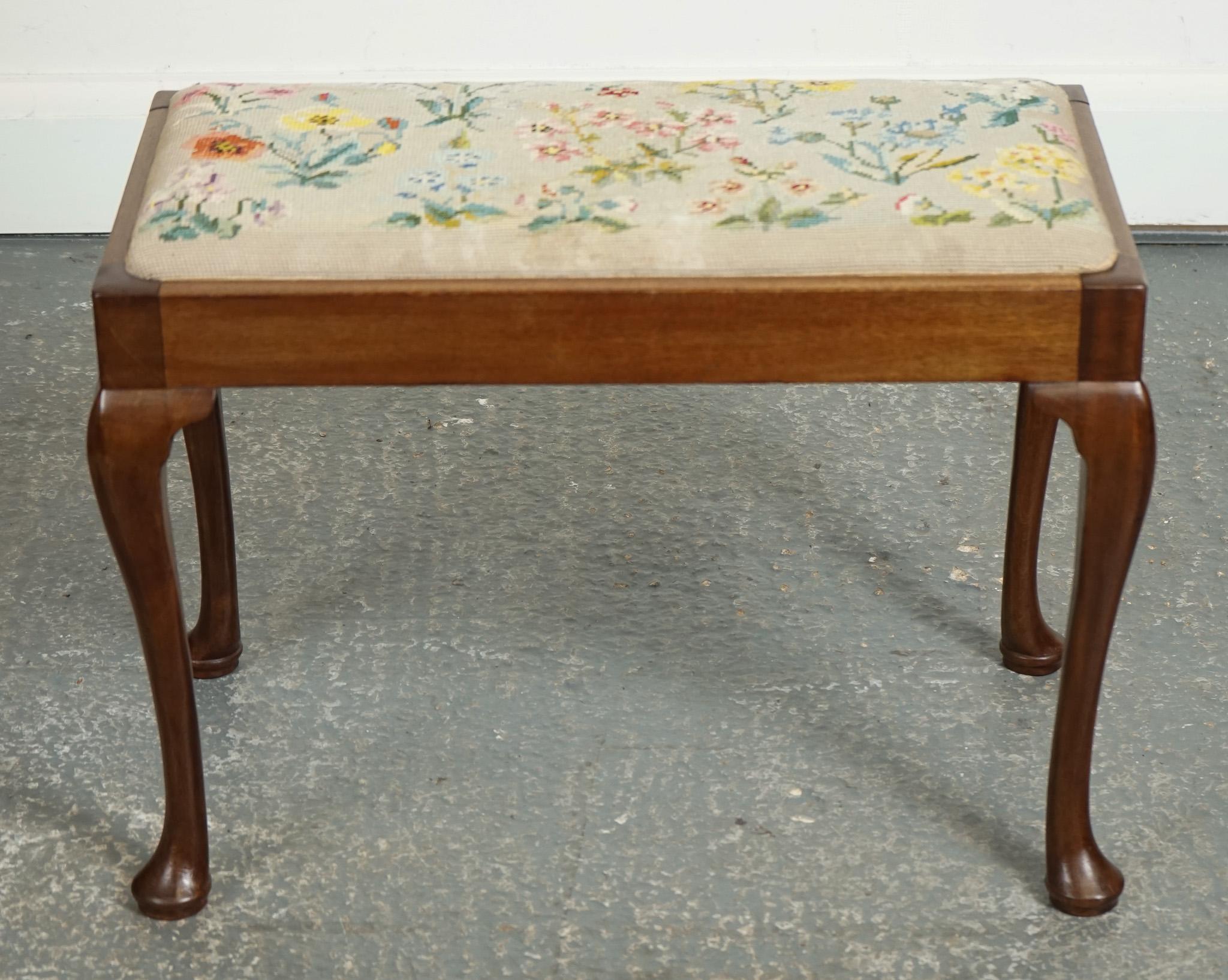 Queen Anne LARGE PIANO DRESSING TABLE STOOL WITH FLOWER STITCHWORK WITH QUEEN ANNE LEGS j1 For Sale