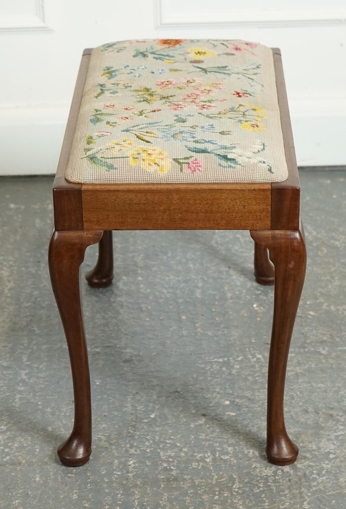 British LARGE PIANO DRESSING TABLE STOOL WITH FLOWER STITCHWORK WITH QUEEN ANNE LEGS j1 For Sale