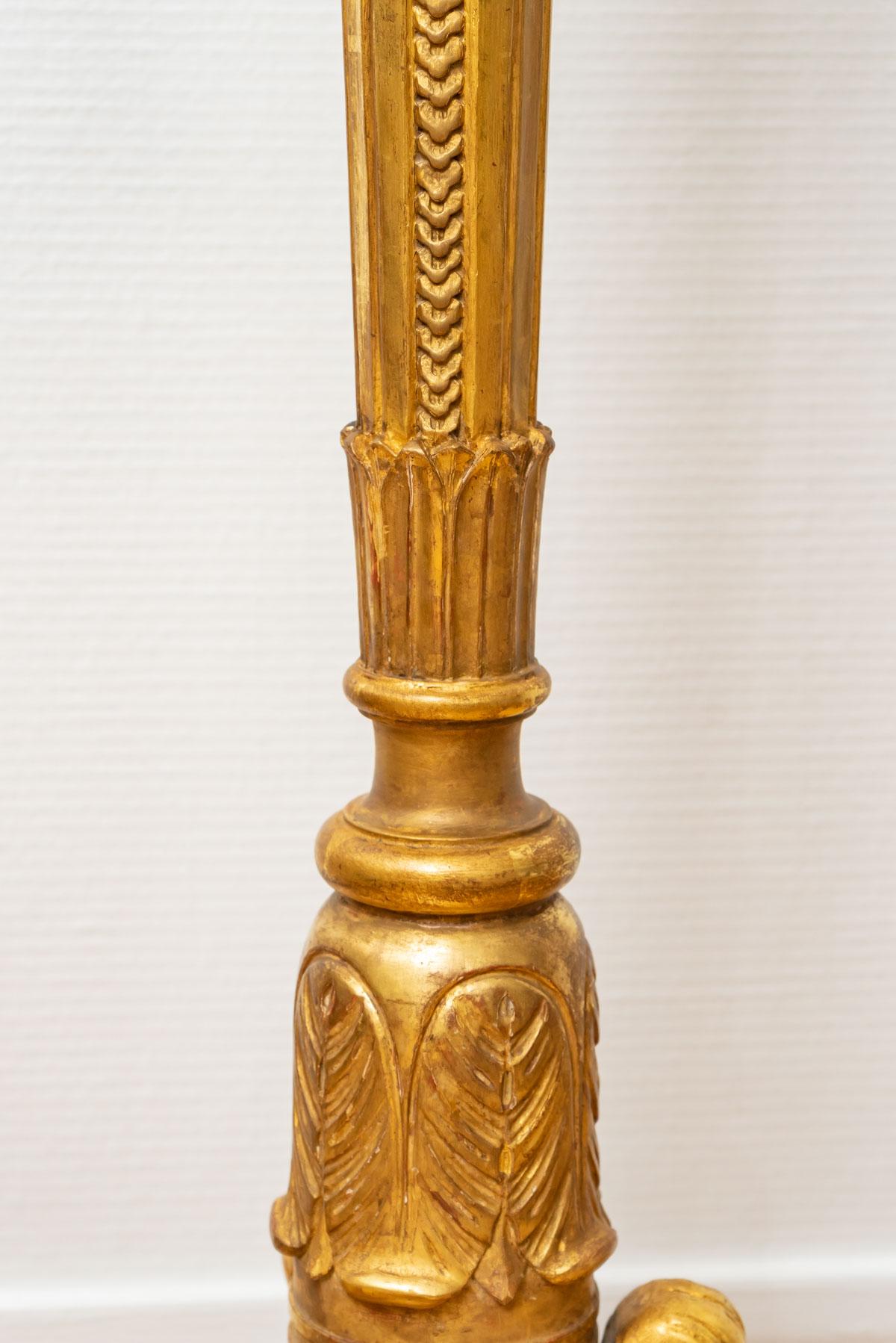 Gilt Large Pic Candle Or Verge Candlestick - Golden Wood With Leaf - Period: XIXth  For Sale