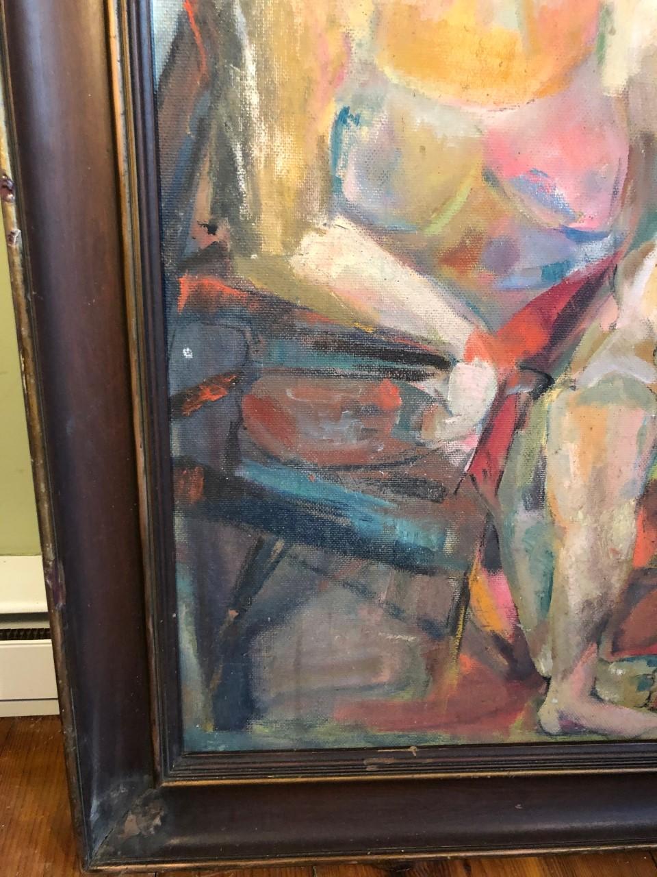 Large Picasso Style Mid-Century Modern Oil on Board of Women  For Sale 5