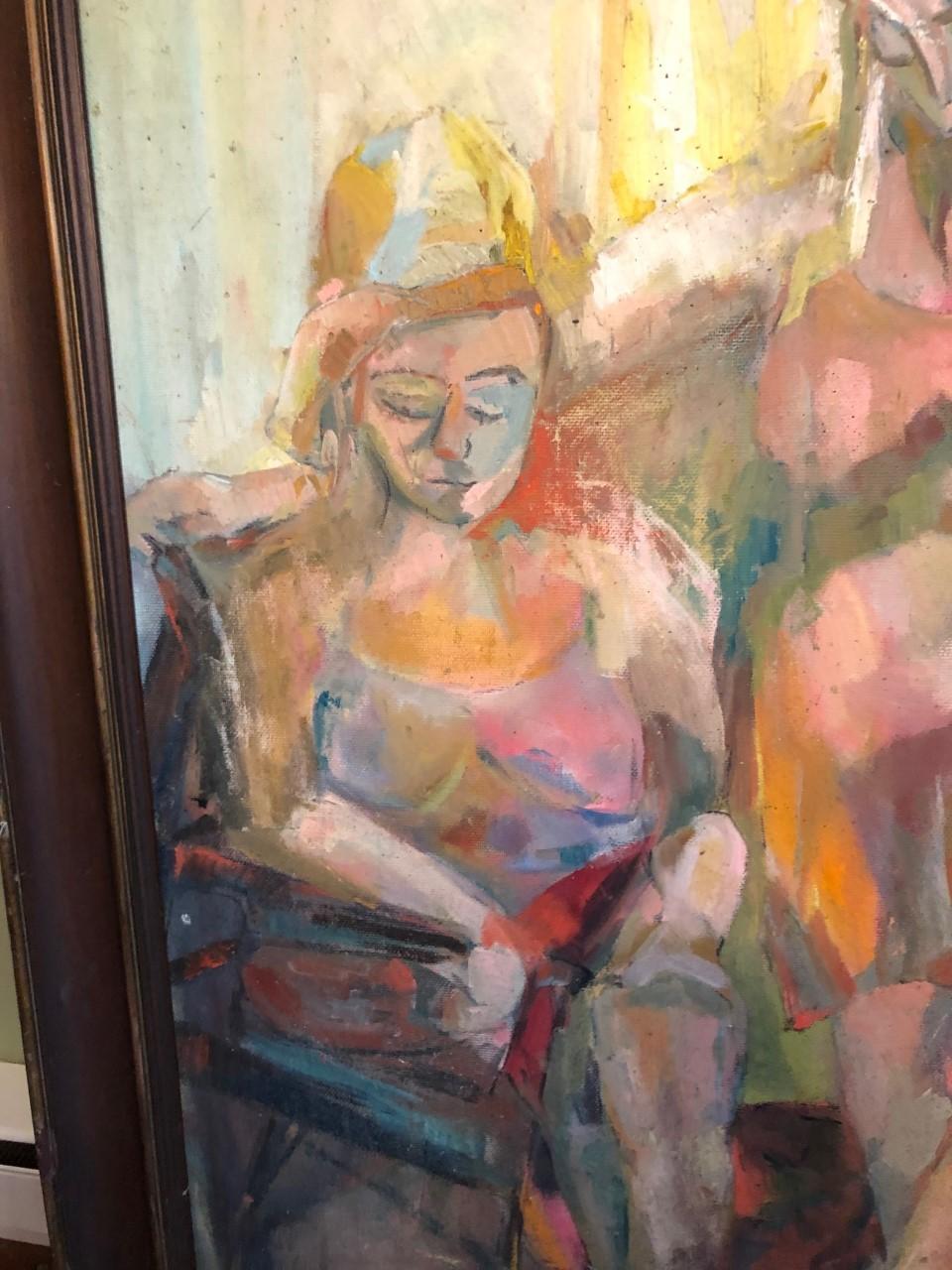 Large Picasso Style Mid-Century Modern Oil on Board of Women  For Sale 6