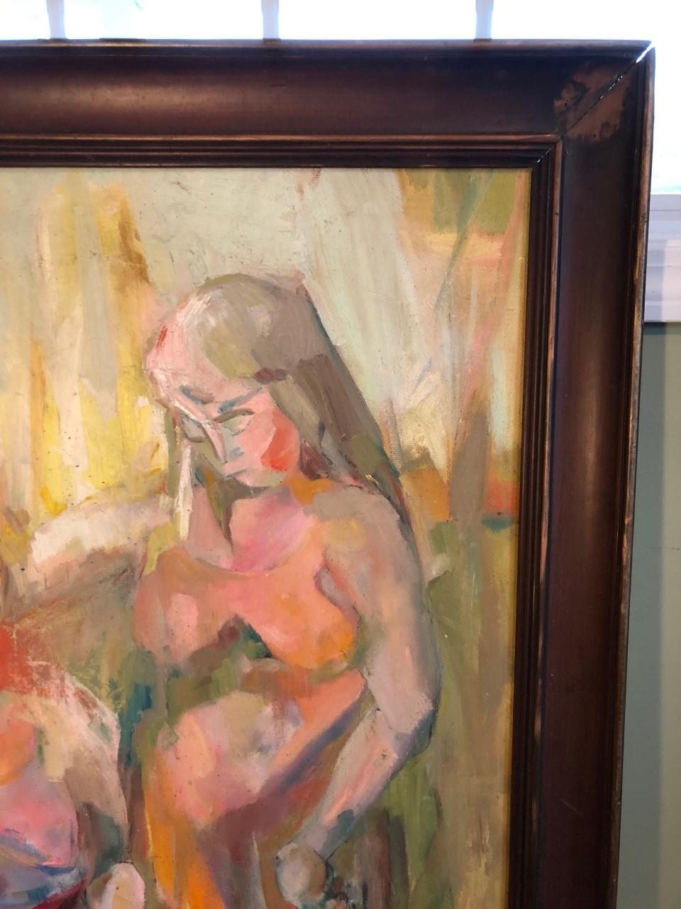 Large Picasso Style Mid-Century Modern Oil on Board of Women  For Sale 8
