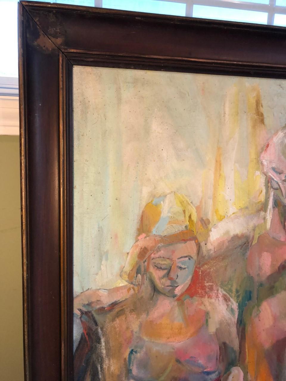 Large Picasso Style Mid-Century Modern Oil on Board of Women For Sale 9