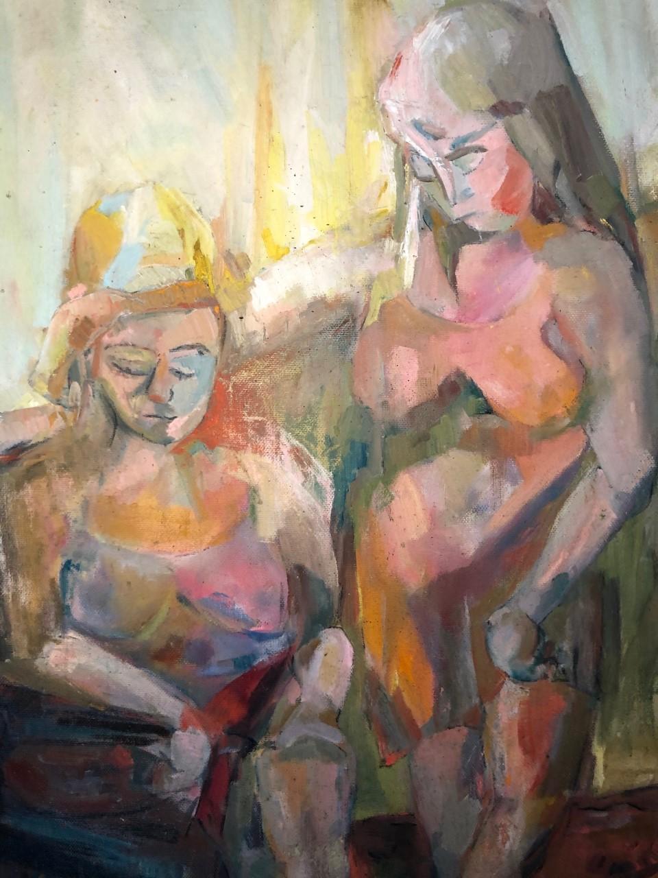 Large Picasso Style Mid-Century Modern Oil on Board of Women For Sale 14