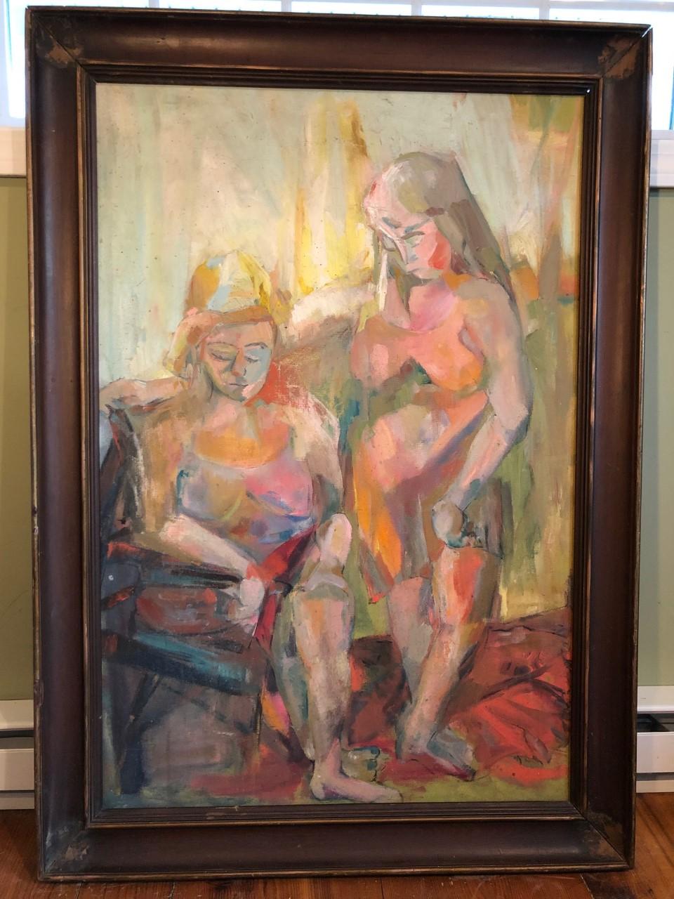 Large Picasso Style Mid-Century Modern oil on board of two women. Colorful, impasto composition of two women comforting each other. Thick wooden reddish tone frame. .Frame could use some touch up which we can do on our end. Please inquire. This item