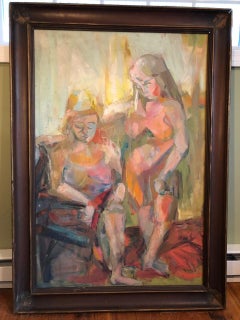 Large Picasso Style Mid-Century Modern Oil on Board of Women