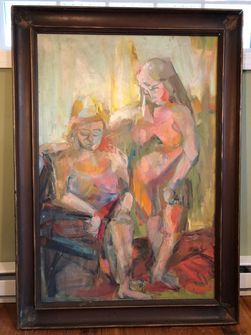 Large Picasso Style Mid-Century Modern Oil on Board of Women  In Good Condition For Sale In Redding, CT