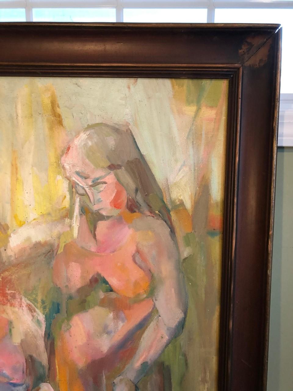 Mid-20th Century Large Picasso Style Mid-Century Modern Oil on Board of Women  For Sale