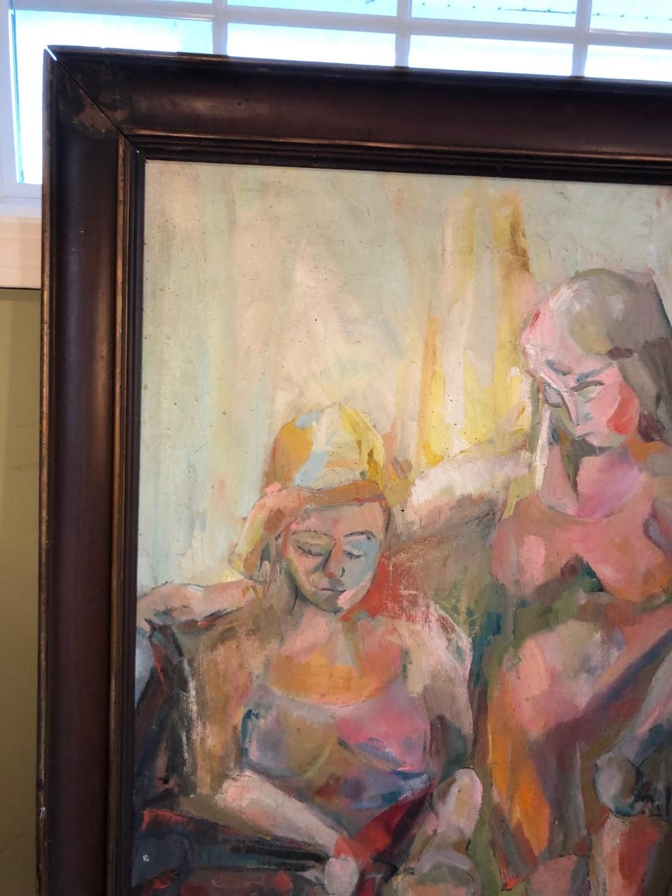 Wood Large Picasso Style Mid-Century Modern Oil on Board of Women  For Sale