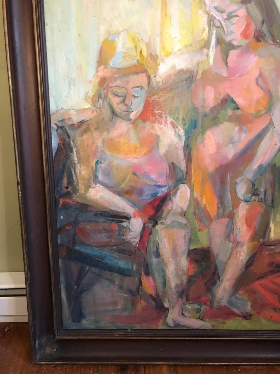 Large Picasso Style Mid-Century Modern Oil on Board of Women  For Sale 1