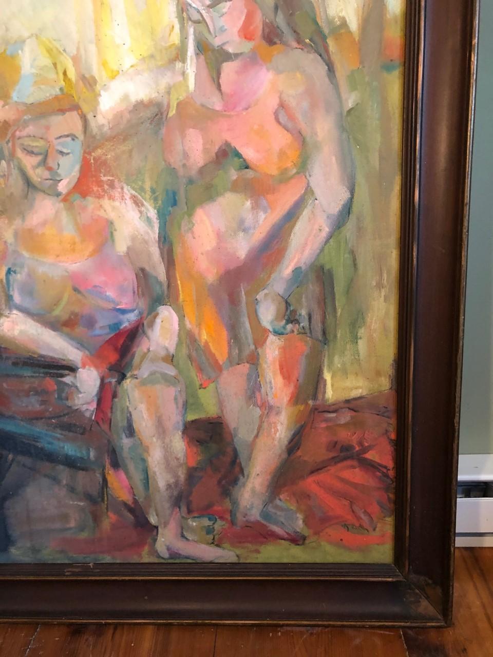 Large Picasso Style Mid-Century Modern Oil on Board of Women  For Sale 2