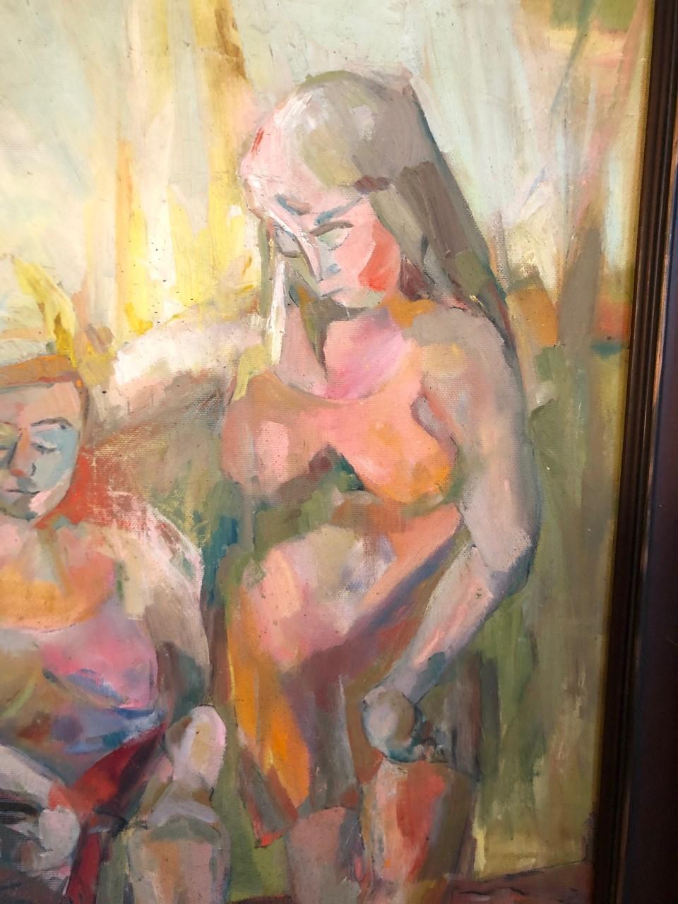 Large Picasso Style Mid-Century Modern Oil on Board of Women  For Sale 3