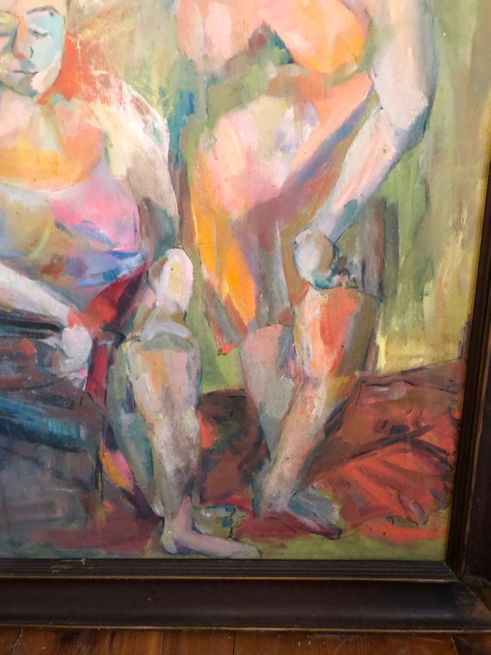 Large Picasso Style Mid-Century Modern Oil on Board of Women For Sale 4