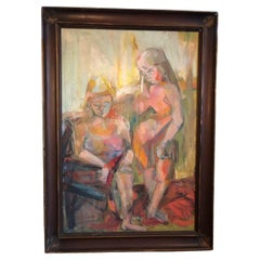 Large Picasso Style Mid-Century Modern Oil on Board of Women 