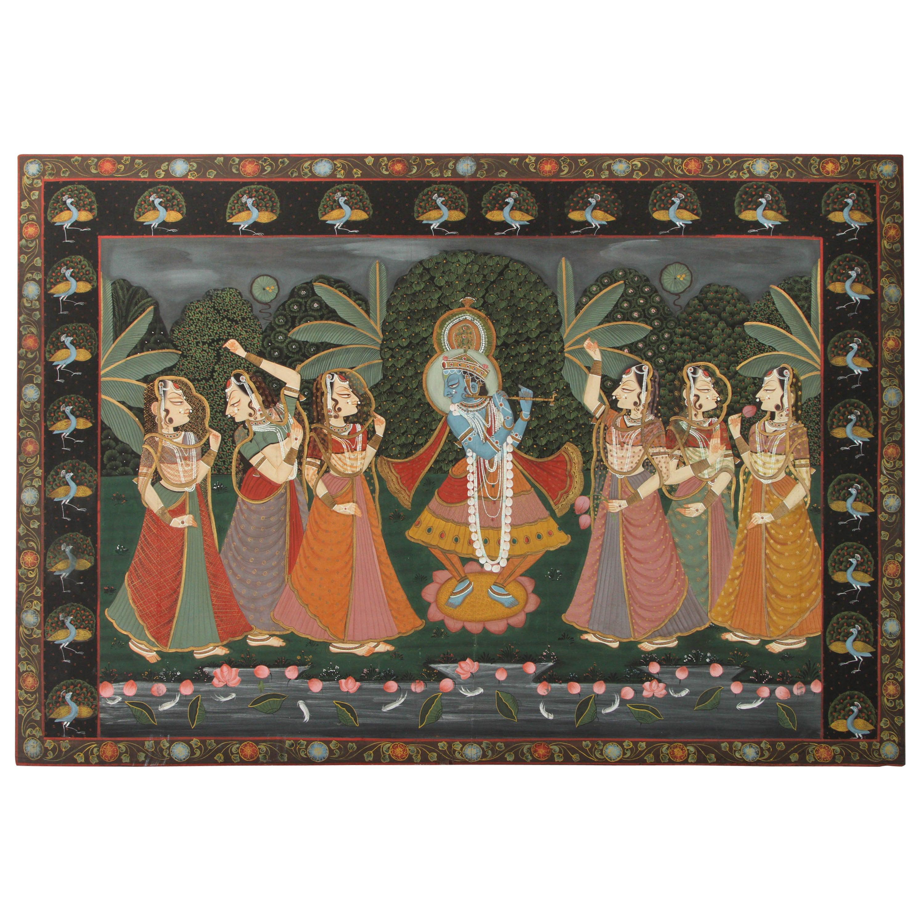 Großes Pichhavai-Gemälde Krishnas mit tanzendem weiblichem Gopis