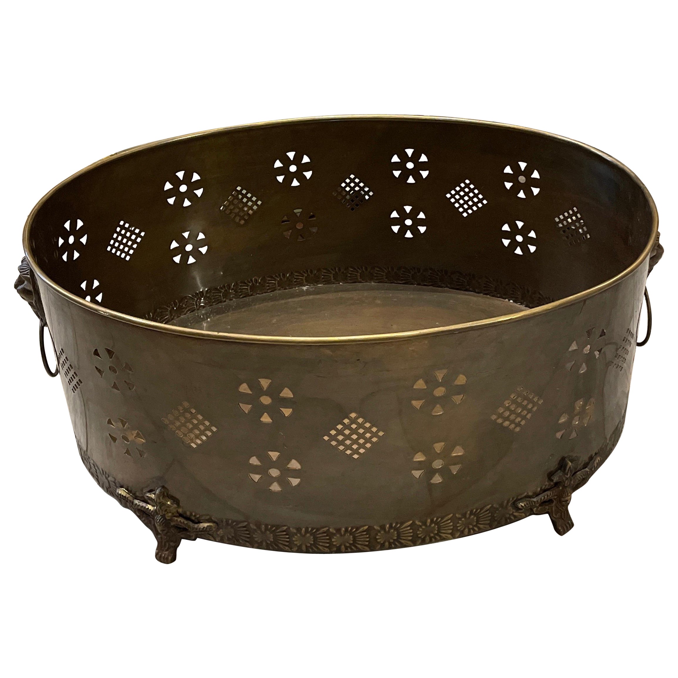 Large Pierced Brass Oval Footed Container For Sale