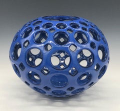 Large Pierced Ceramic Tabletop Orb Sculpture, Cobalt Blue
