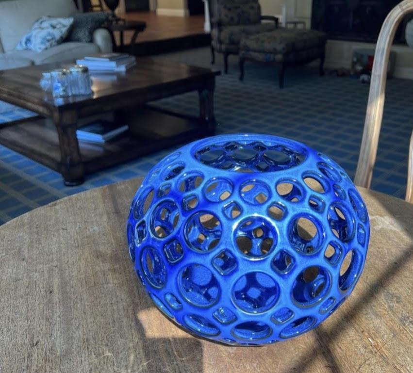 American Large Pierced Ceramic Tabletop Orb Sculpture, Cobalt Blue For Sale