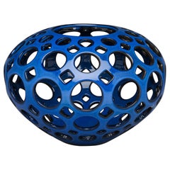 Large Pierced Ceramic Tabletop Orb Sculpture, Cobalt Blue