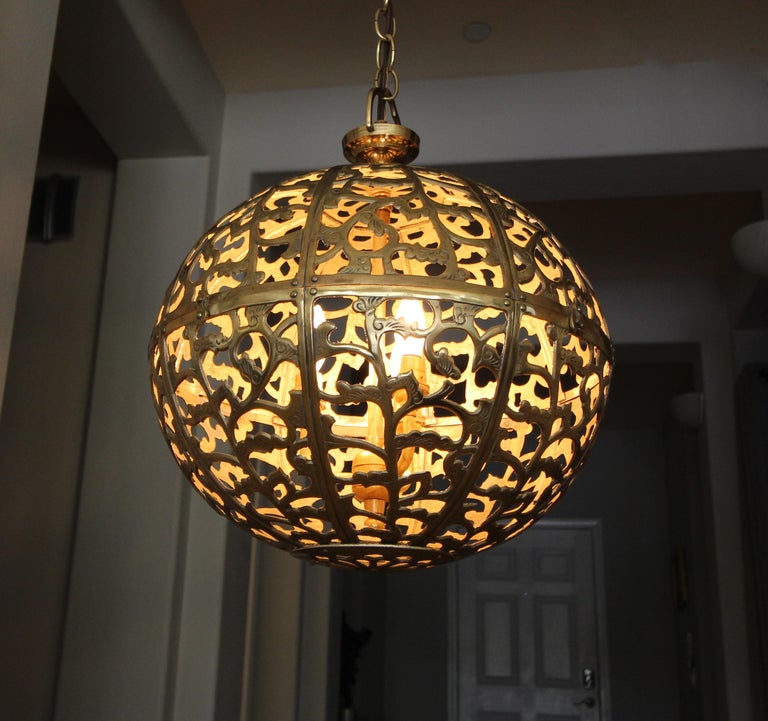Large Pierced Filigree Brass Japanese Asian Pendant Chandelier Light at
