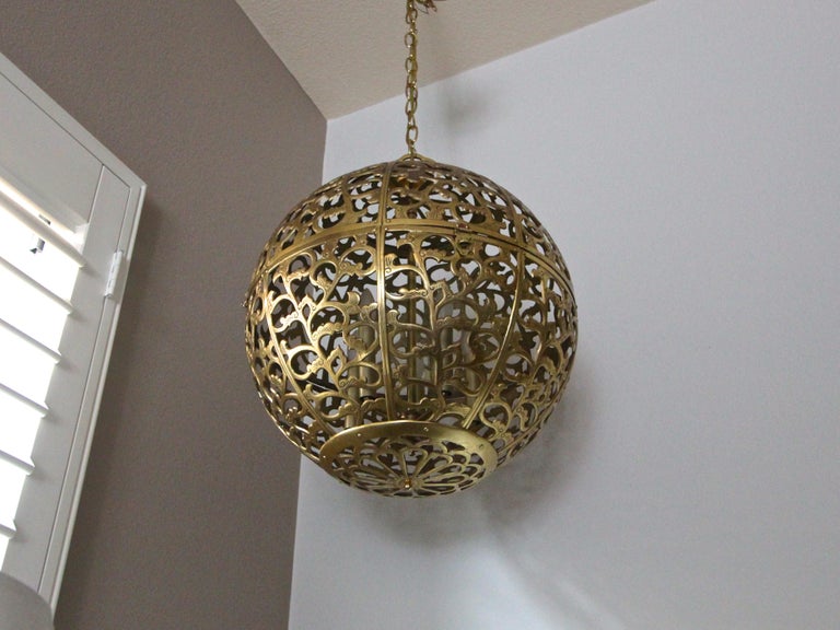Large Pierced Filigree Brass Japanese Asian Pendant Chandelier Light at