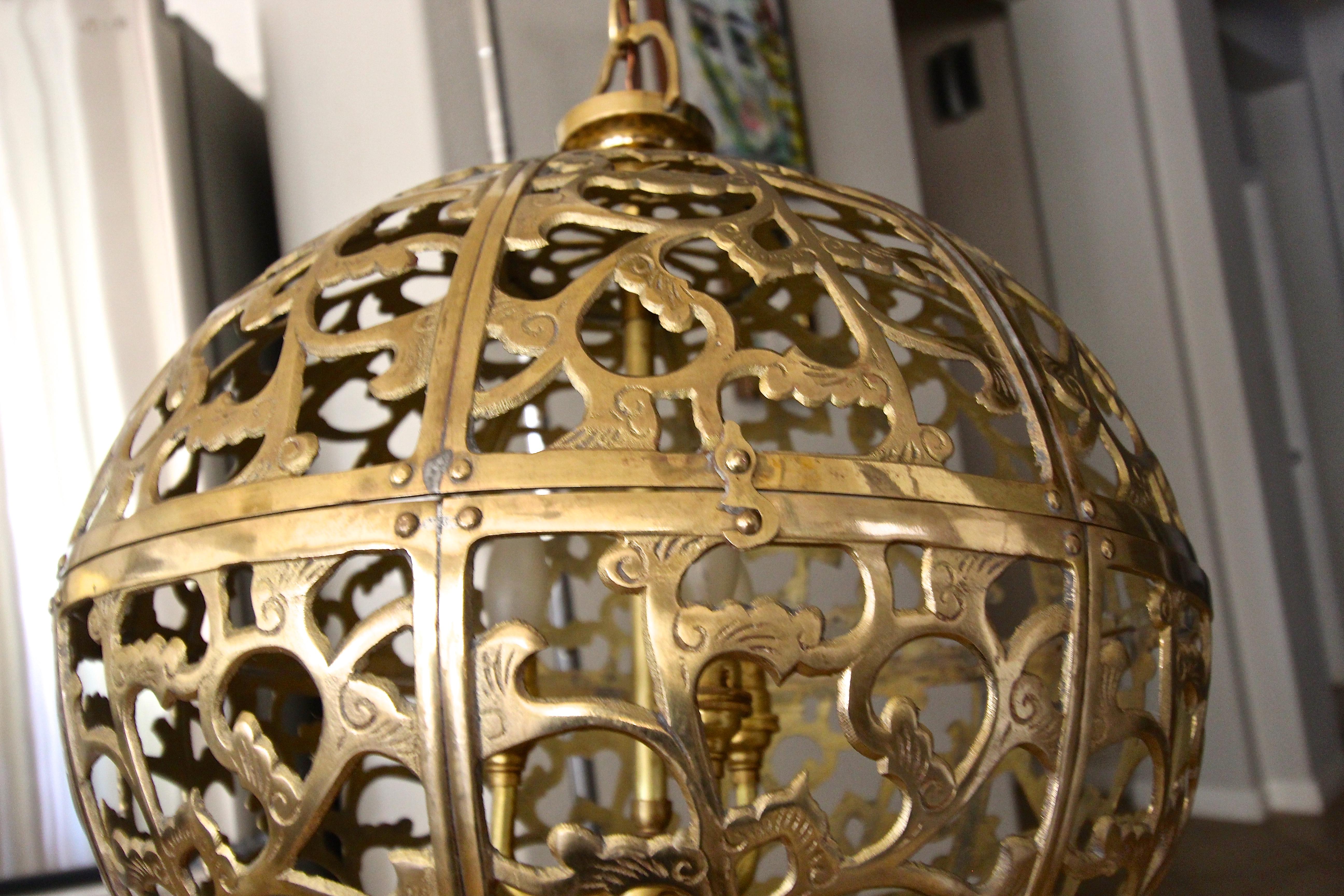 Large Pierced Filigree Brass Japanese Asian Pendant Chandelier Light 4