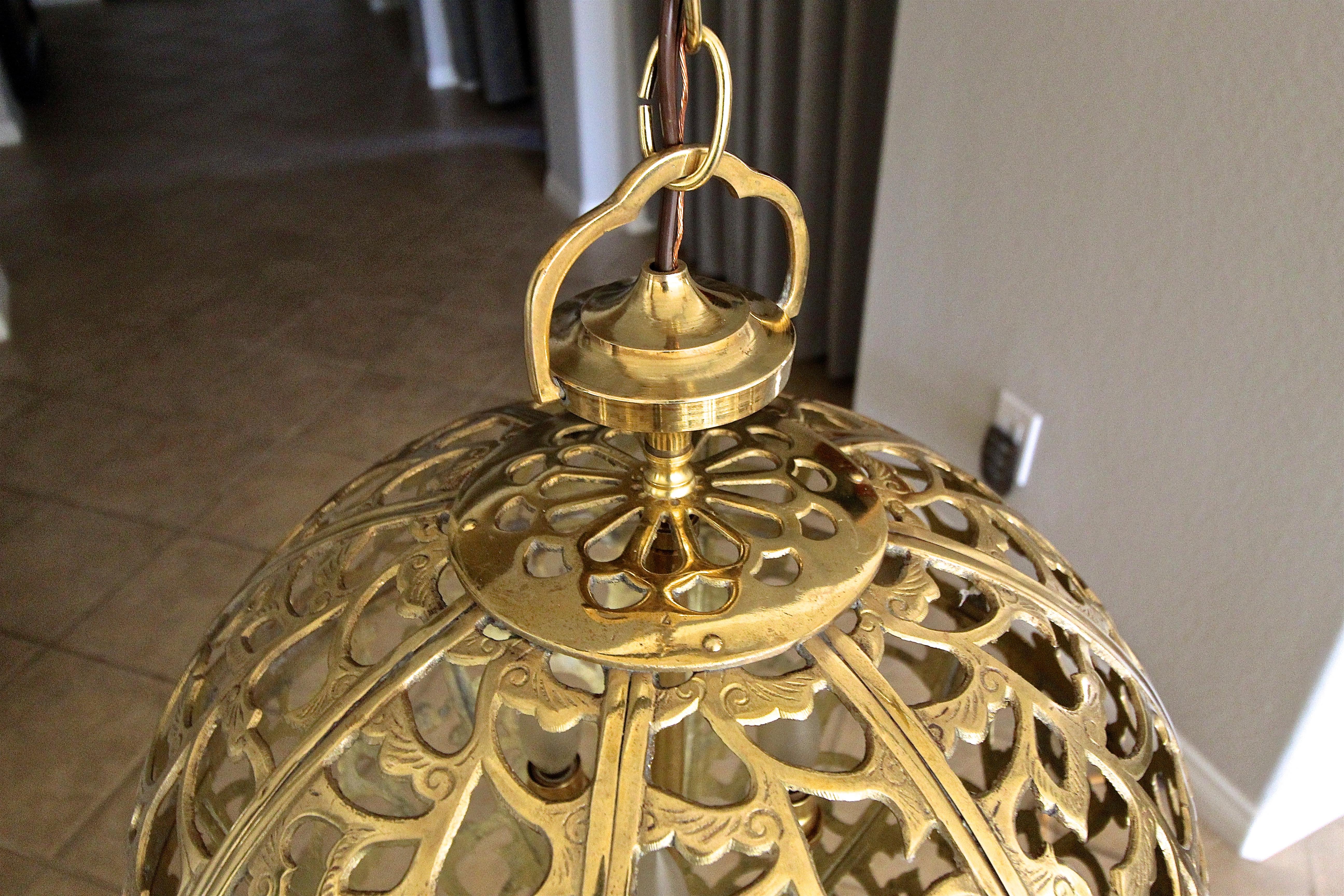 Large Pierced Filigree Brass Japanese Asian Pendant Chandelier Light 5