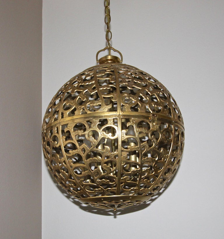 Large Pierced Filigree Brass Japanese Asian Pendant Chandelier Light at