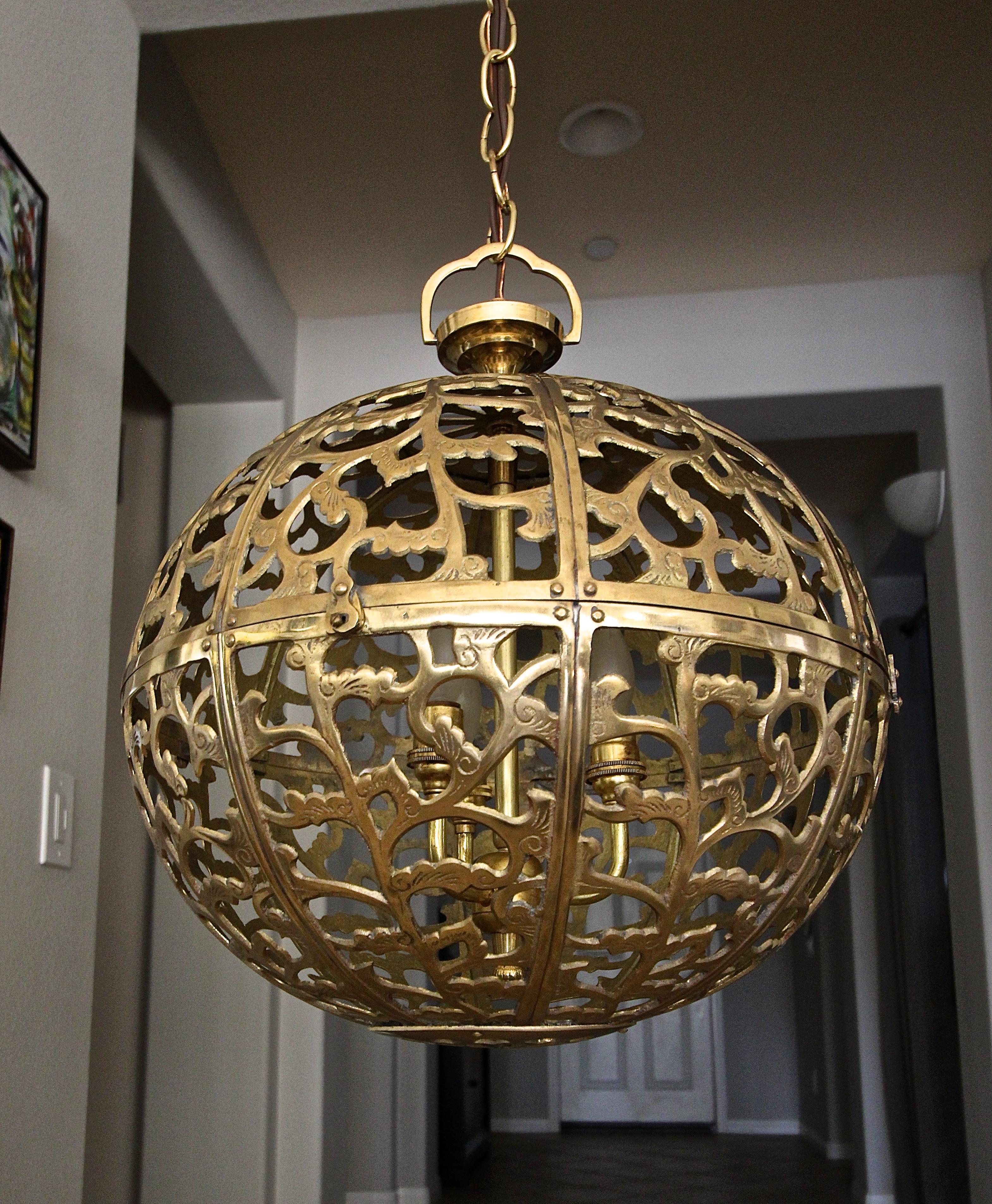 Large Pierced Filigree Brass Japanese Asian Pendant Chandelier Light 11