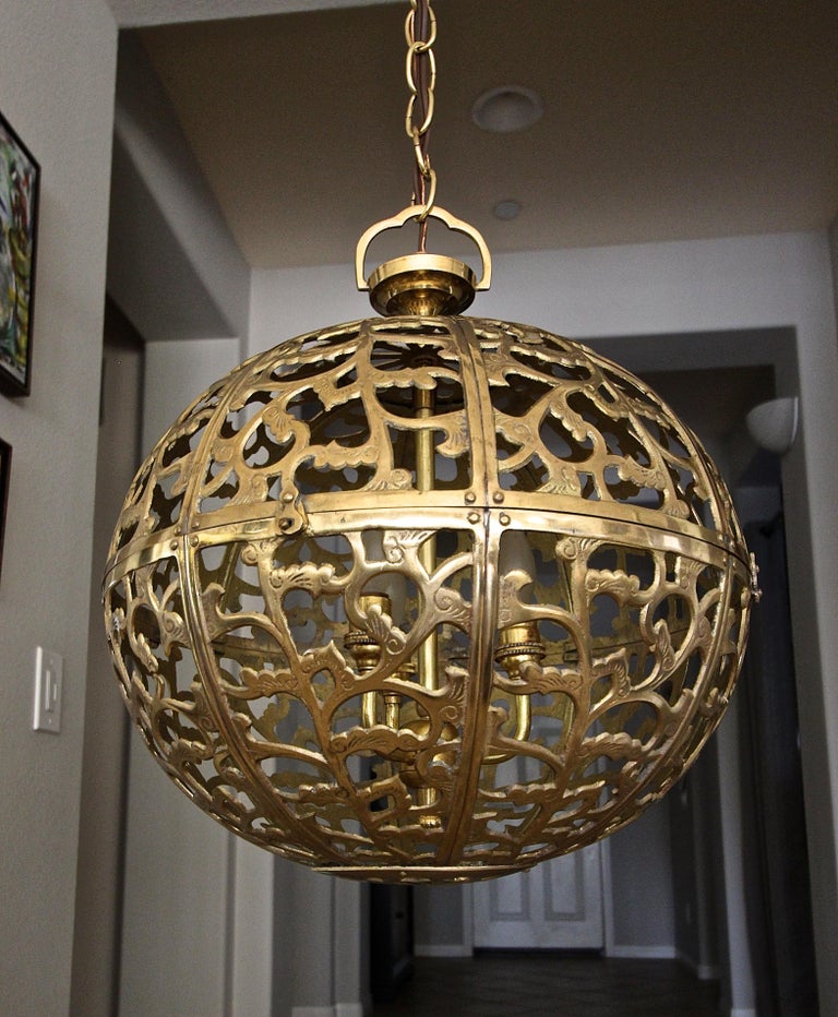 Large Pierced Filigree Brass Japanese Asian Pendant Chandelier Light at