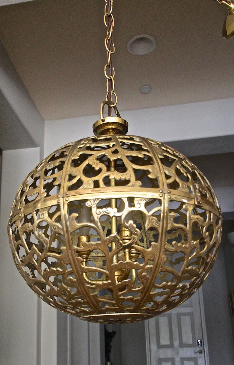 Large Pierced Filigree Brass Japanese Asian Pendant Chandelier Light at
